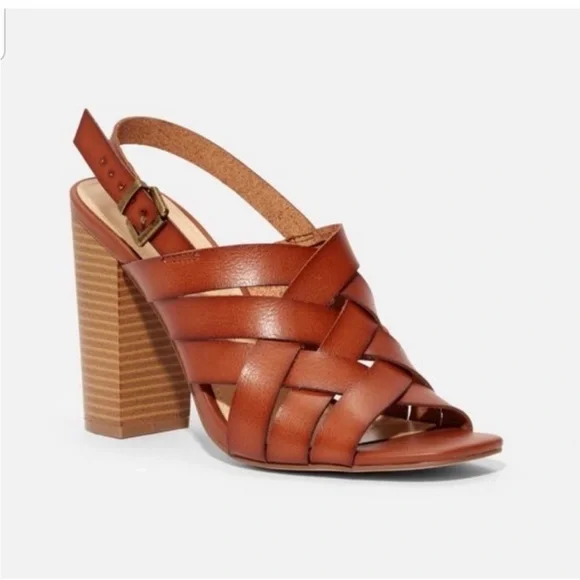 JustFab Cognac Strappy Block Heels 5.5 - Picture 1 of 11